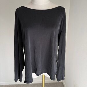 Eileen Fisher Black 100% Silk Long Sleeve Boat Neck Top XL Relaxed Minimal Chic